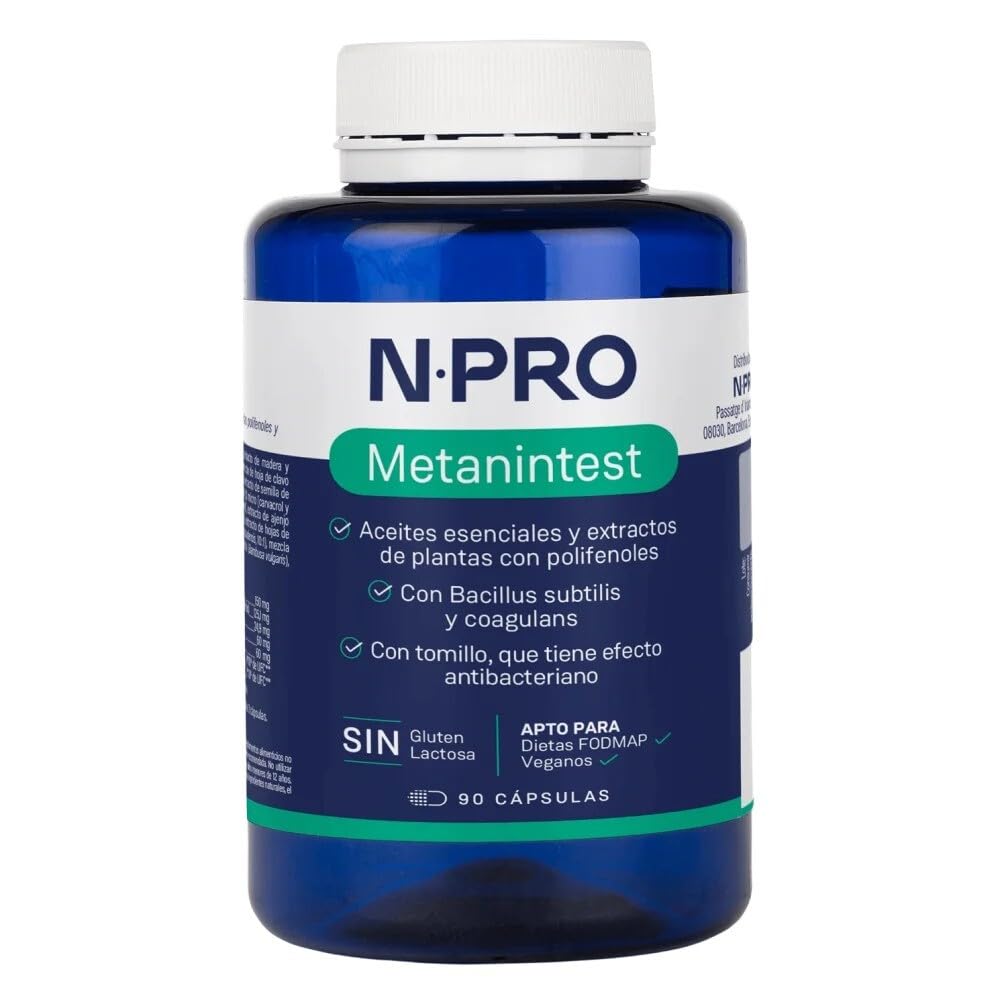 NPro SALUD INTESTINAL Metanintest 90 Cápsulas – Suplemento con Welltan Complex, Orégano, Tomillo y Probióticos Bacillus – Ayuda frente a Sobrecrecimiento IMO/SIBO y Mejora Tránsito Intestinal