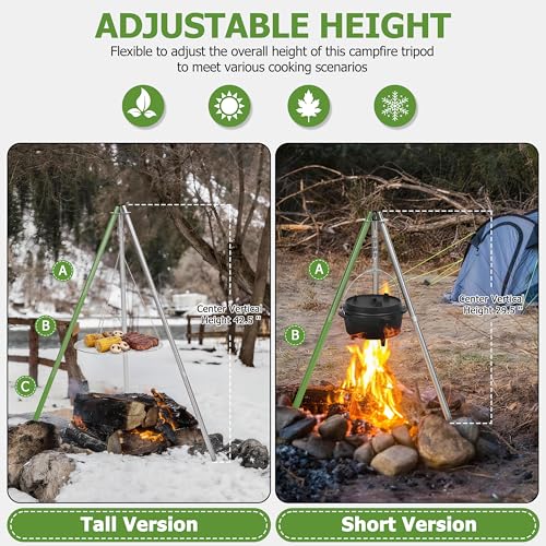 Image of HaSteeL Campfire Tripod for Cooking, Stainless Steel Camping Tripod Grill for Outdoors Beach Backyard Firepit BBQ, Openfirer Stand Hanger with 17 inch Folding Rack & 6 Barbecue Tools, Adjustable Height