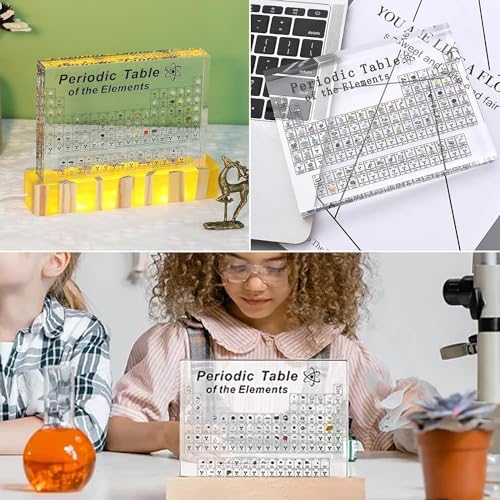 Image of Periodic Table with Real Elements Inside,Acrylic Periodic Table Display with 83 Real Elements Samples with Wooden Stand,Craft,Teaching Tool,Gift for Kid,Students,Teacher,Science Lovers Amber Base