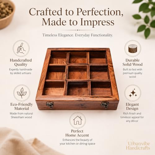 Image of Wooden Masala Box Spice Box with Glass Lid & Spoon, Sheesham Wood Masala Dabba Organizer, 9 Removable Compartments, Indian Spice Container, Kitchen Organizer, 120ml Each, Brown