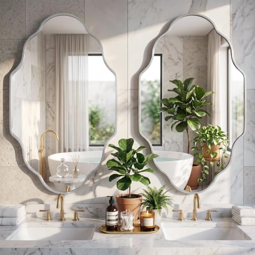 Image of Scalloped Silver Bathroom Mirror, Irregular Wall Decorative Mirror | Brushed Metal Frame, HD Glass Decorative Mirror for Wall Decor, Vanity Mirror for Living Room Entryway (20 inch x 36 inch, 1 Pack)