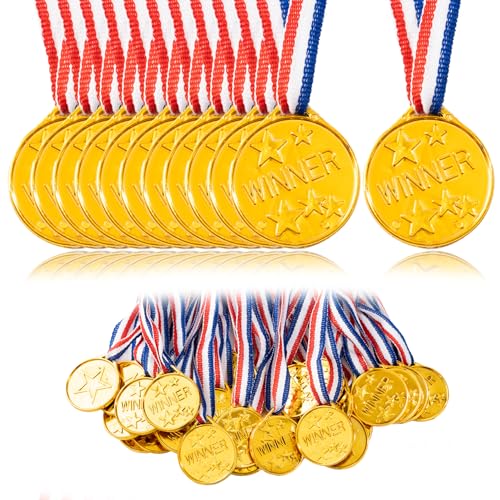 SETRUE Plastic Gold Medals, 30 Pcs Winner Award Medals with Ribbon Necklaces for Sports Competition Talent Show Spelling Bee Birthday Party Favors