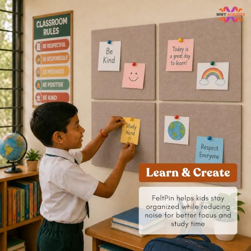 Image of MMT Acoustix 8Pcs Felt Bulletin Board, 30x30cm Self-Adhesive | Office, Study Room, Walls Felt Message Board for Notes, Photos, Schedules Arabian Sand