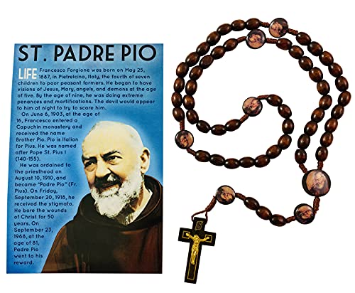 Westmon Works Saint Padre Pio Rosenkranz, Holzperlen mit buntem Zentrum und Glaube, erklärt, großes Heiliges Karten-Set