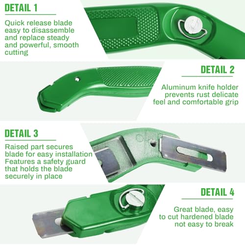 Image of Lasnten 2 Pieces 6 Blades Carpet Knife Heavy Duty Utility Blade Carpet Knife for Cutting Carpets Cutting Knives Razor Tools with Blades for Box Cutter Roofing Purpose, Aluminum (Dark Green)