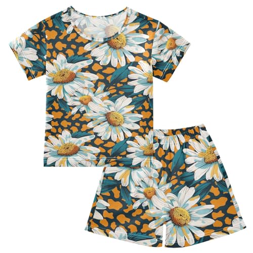 ALAZA Daisy Flowers Leopard Spots Pajama Set Short Sleeve Sleepwear Soft Lounge Nightwear