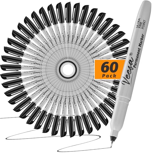 VEESA Permanent Markers Ultra Fine Point, 60 Pack, 0.4mm Black Permanent Markers, Waterproof, Fade-Resistant, Quick Drying, Back to School Supplies