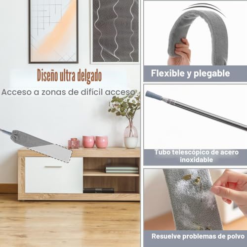 Miniatura 4 de Plumero Telescópico Con Cepillos De Microfibra, Cepillo Limpieza De Polvo Flexible, Atrapapolvo Con Varilla De Acero Inoxidable, 3 Capuchas Lavable, Para Debajo Del Sofá Cama, Muebles, Piso