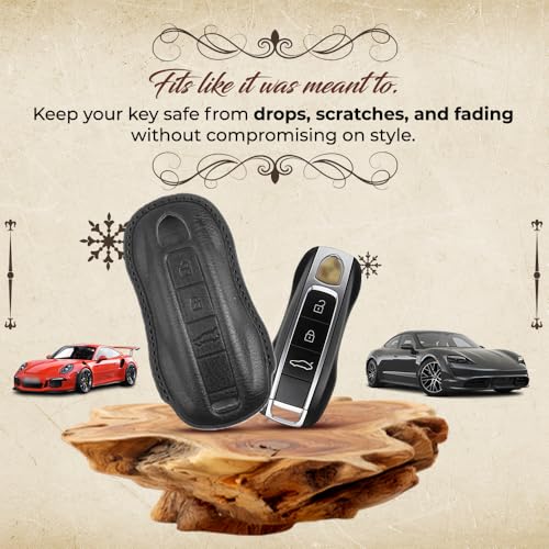 Image of keyzone dual leather key cover for Porsche 911, Cayenne, Panamera, Taycan 3 button smart key