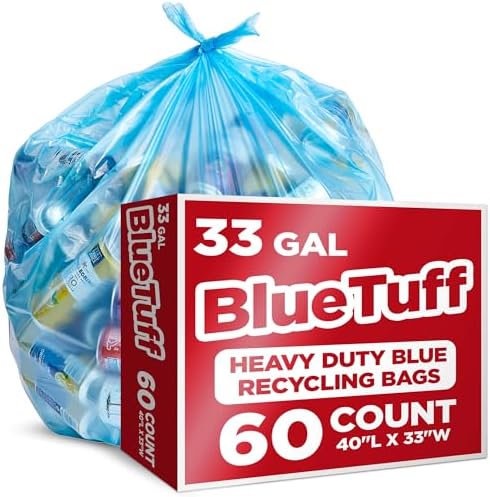 Heavy-Duty Blue Recycling Bags, 60-Pack Blue Garbage Bags For Rec...