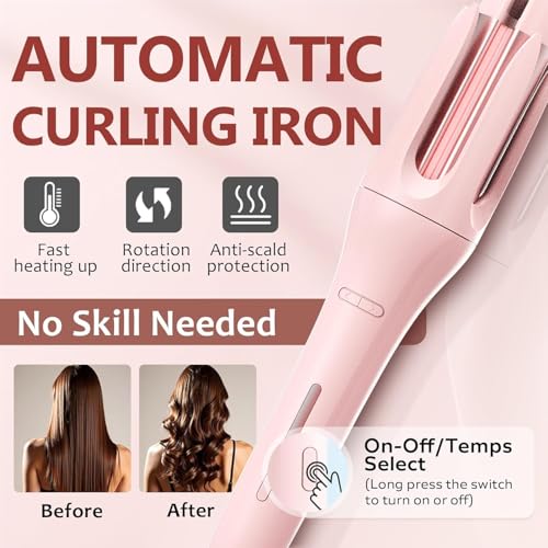 Image of Auto Hair Curler, Automatic Curling Iron Wand with 4 Temperatures & 3 Timers & LCD Display (Light Pink)