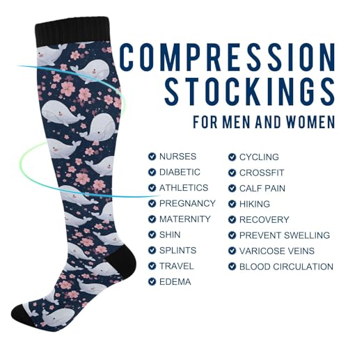 ALAZA White Whale Cherry Blossom Compression Socks for Women Men Circulation Long Socks Running Athletic Cycling4