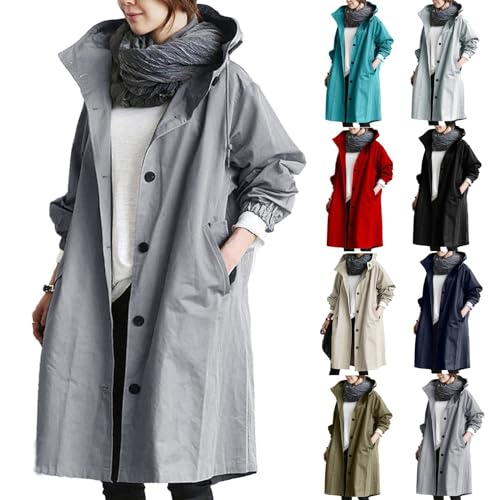 Gabardina larga con capucha para mujer, con botones, abrigo de manga larga, chaqueta de entretiempo, chaqueta de entretiempo, elegante, monocolor, cálido, sudadera urbana, chaqueta funcional, chaqueta