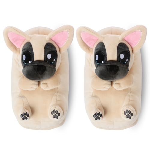 corimori Süße Plüsch-Hausschuhe (10+ Designs) Frenchie „Zorro“ Slipper Einheitsgröße 25-33.5 Unisex Pantoffeln Beige Schwarz