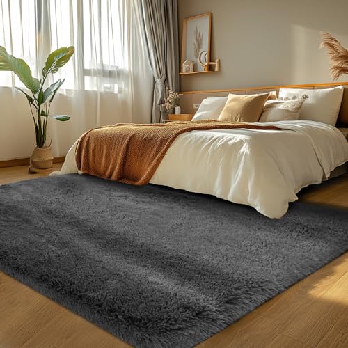 Area Rugs Grey for Bedroom: Shag Rugs for Bedroom- Grey