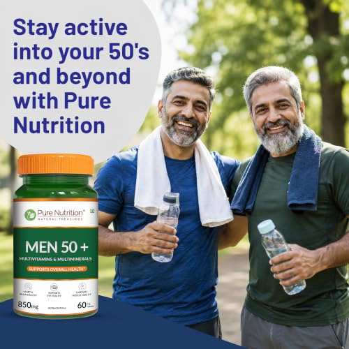 Image of Pure Nutrition Multivitamin Tablet for Men Above 50 Years | 50+ Multivitamins & Multiminerals with Zinc, Iron & Magnesium | Supports Heart, Brain, Eye & Muscle Health | 60 Veg Tablets