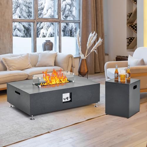 48" Outdoor Fire Table, 48 inch Rectangle Propane Gas Fire Pit Table, 50,000 BTU Modern Firepit with 16 inch Tank Cover Side Table, Wind Guard, Fire Glass, Rain Cover