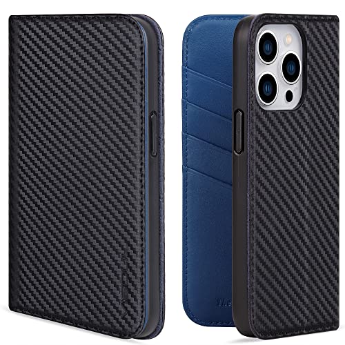 VISOUL iPhone 14 Pro Max Hülle, Handyhülle [100% Carbon Leder] [RFID Schutz] [Schützt vor Stoß] [Standfunktion] [Kartenfach] [Magnet], TPU Handytasche Kompatibel für iPhone 14 Pro Max Blau T Cover