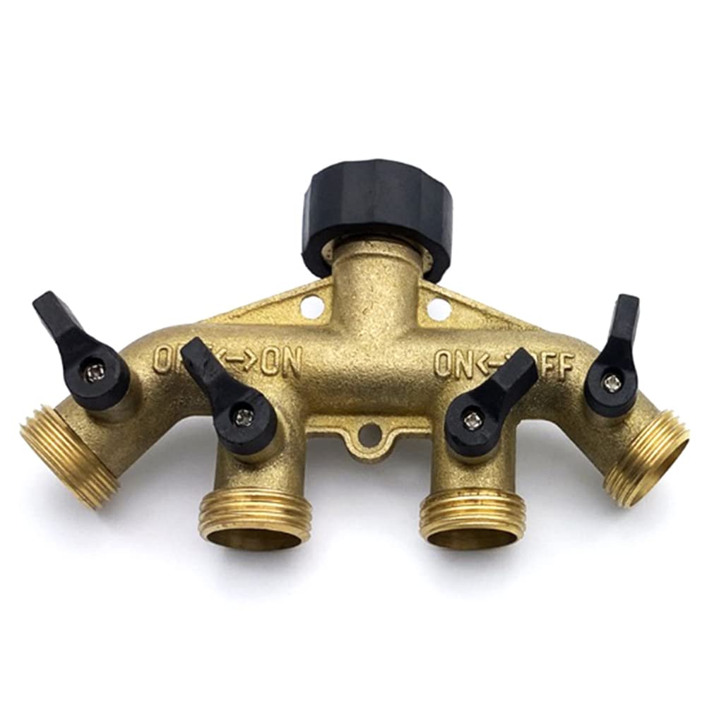 Ctrlzs Yellow 4 Way Brass Hose Splitter, 3/4Inch Brass Hose Faucet Manifold, Garden Hose Connector Tap Splitter, Solid Brass