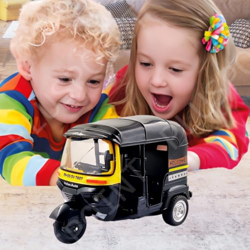 Image of PLUSPOINT Auto Rickshaw Toy,with Pull Back Action City Traffic Vehicles Public Transport Toy with Light and Sound for Aged 3 4 5 6 Boys and Girls,Kids Party Favors Gifts (Auto Rickshaw) (Black)