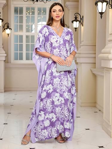 Image of KECVOT Kaftan Dresses for Women V-Neck Print Swimsuit Cover Up Plus Size Beach Caftan Lounge Dress