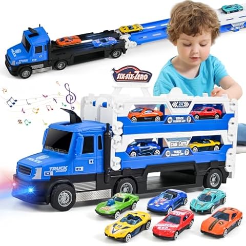 MOONTOY Carrier Truck Race Track Kids Toys, 55 Inch Foldable Hauler Track Ejection Car and 6 Metal Race Car, Truck Toys with Lights & Sounds, Carrier Truck Toy Gifts for 3 4 5 6+ Years Old Boys Girls Cover