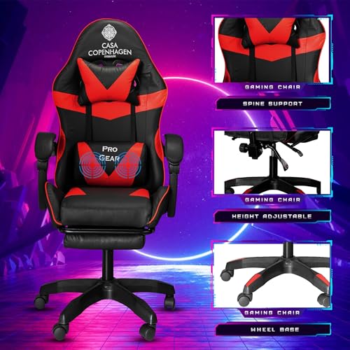 Image of Casa Copenhagen Designed in Denmark,High-Back Italian Leather Gaming Ergonomic Chair with Advanced Mechanism & Electric Back Massager, Memory Foam Seating & Multi Function Arm-Rest - Red & Black