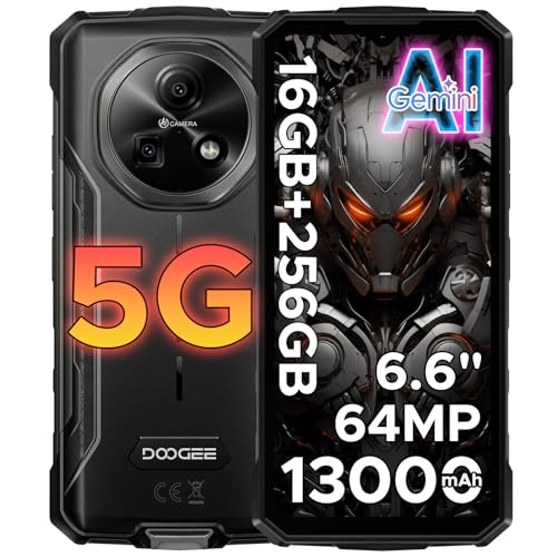 DOOGEE Fire 7 AI 5G Rugged Phone Unlocked,13000mAh/18W,16GB+256GB/TF 2TB Rugged Smartphone Android 15,6.6" HD+ 90Hz Dimensity 6300 Gaming Phones,64MP+16MP,IP68/IP69K Waterproof,NFC/OTG/Face