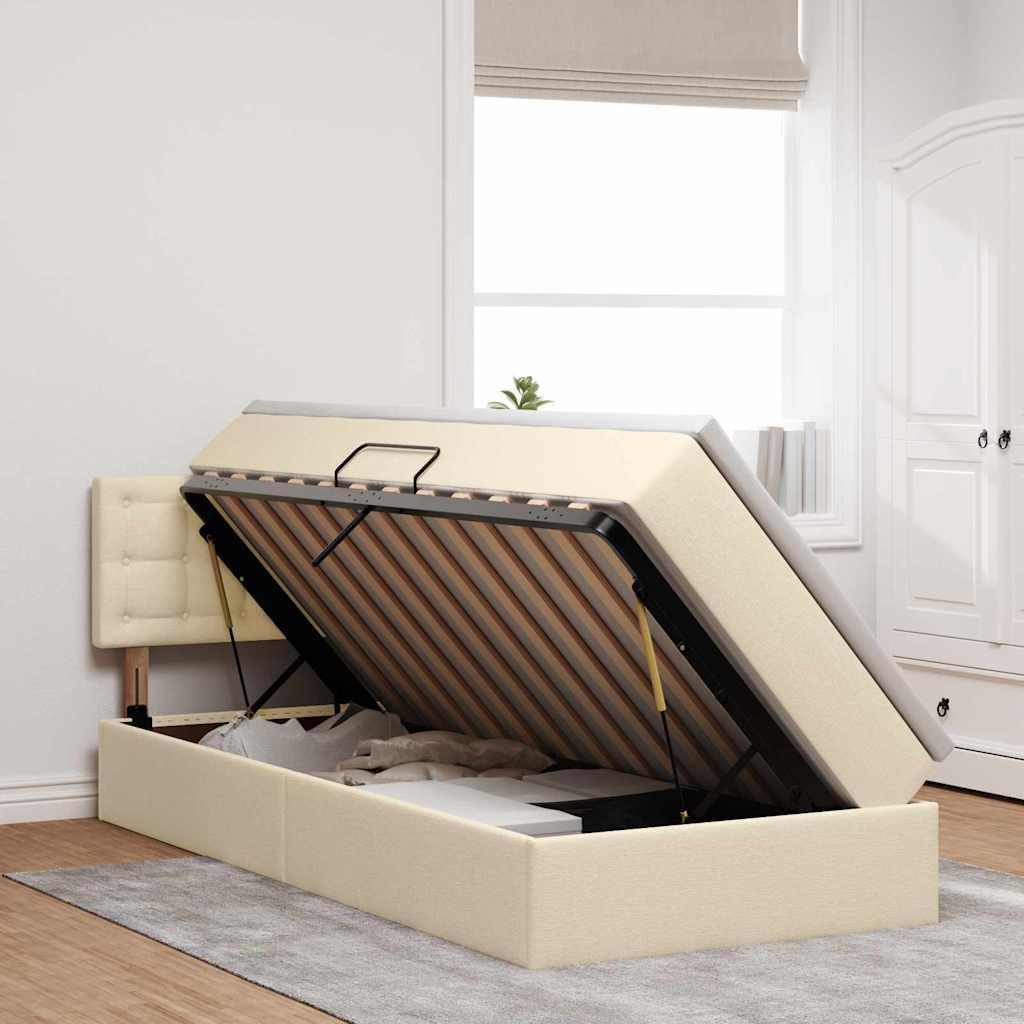 Cama de almacenamiento LED color crema 90 x 190 cm con colchón, cabecero ajustable, espacio de almacenamiento, funda de tela, tira LED USB, cama individual moderna para dormitorio con