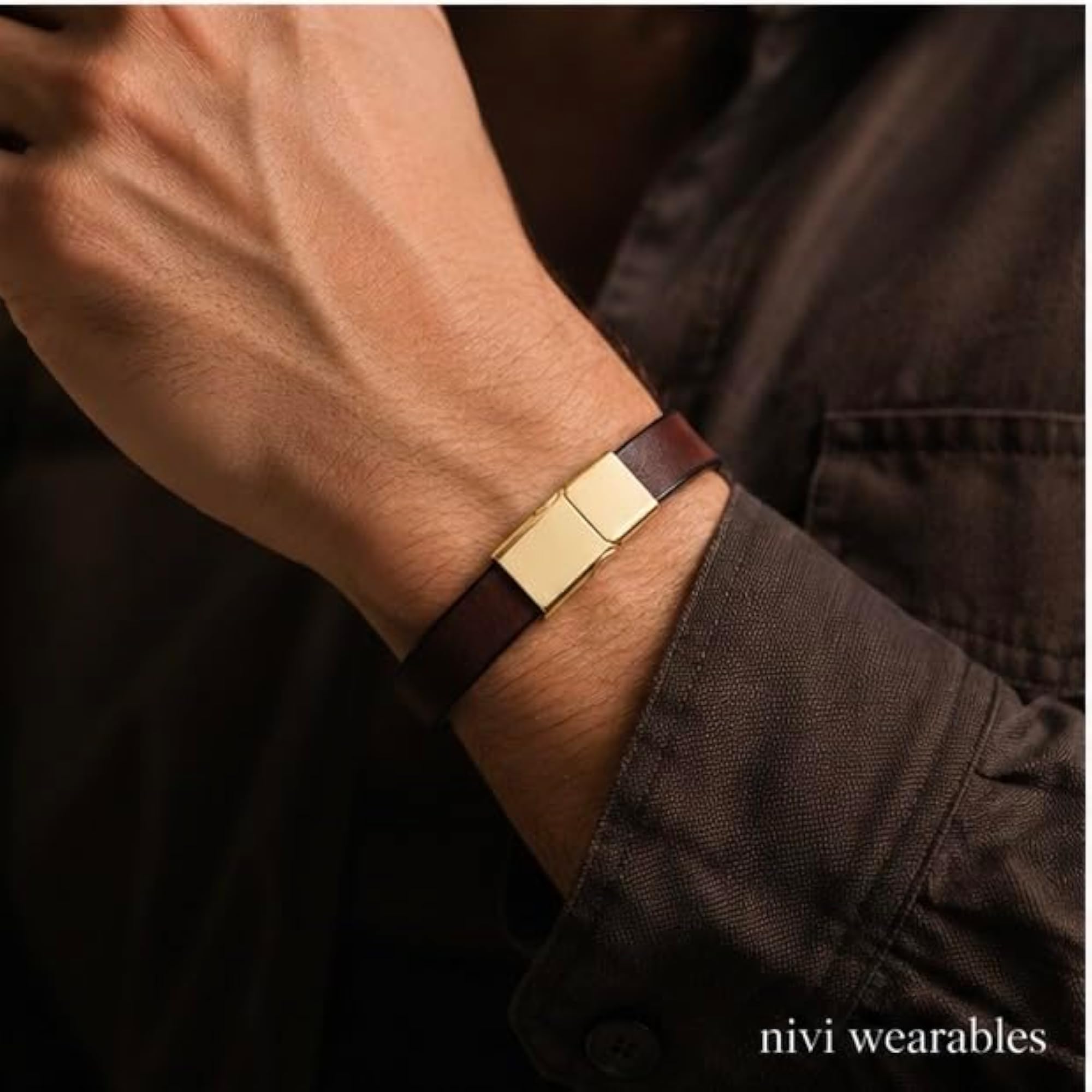 Brown Leather Bracelet with Gold-Tone Magnetic Clasp