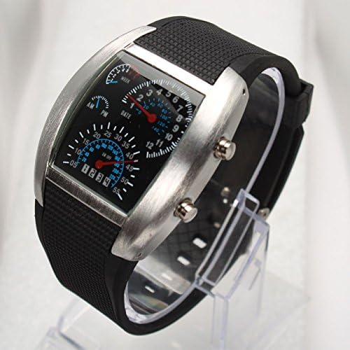 Florentine Fashionable Blue LED Light Steel Case Aviation Speedometer Analog Wrist Watch Black