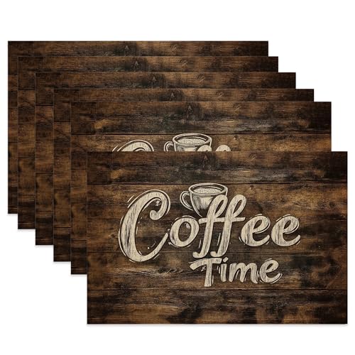 Coffee Time Fabric Placemats,Vintage Rustic Wood Board Table Placemats Set of 6 Cloth Place Mats, Washable Heat-Resistant Table Mats for Home Kitchen Dining Room Decoration 11.8x17.7 Inch