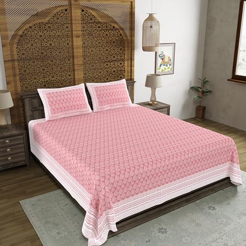 Image of BLOCKS OF INDIA Hand Block Printed 200 TC Cotton Super King Size Bedsheet (Pink DOT)