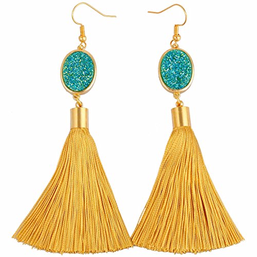 TUMBEELLUWA Tassel Dangle Earrings Healing Crystal Quartz Druzy Fringe Thread Drop Earring Handmade Jewelry for Women, Green Druzy