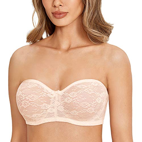 Dobreva Women's No Padding Strapless Lace Bra Underwire Multiway See-Through Apricot Pink 38C #TOP1