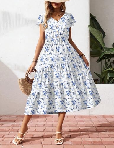 Image of Zeagoo Women's Summer Casual Dress Flutter Short Sleeve V Neck Button Down Tiered Flowy Long Dress with Pockets