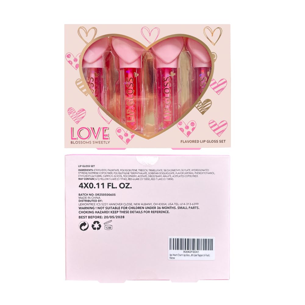 4 unidades de brillo labial con dije de corazón para niñas, juego de labios frutales brillantes | Recuerdos de fiesta no tóxicos, regalo de maquillaje para adolescentes con bonito adorno (paquete de 4 4