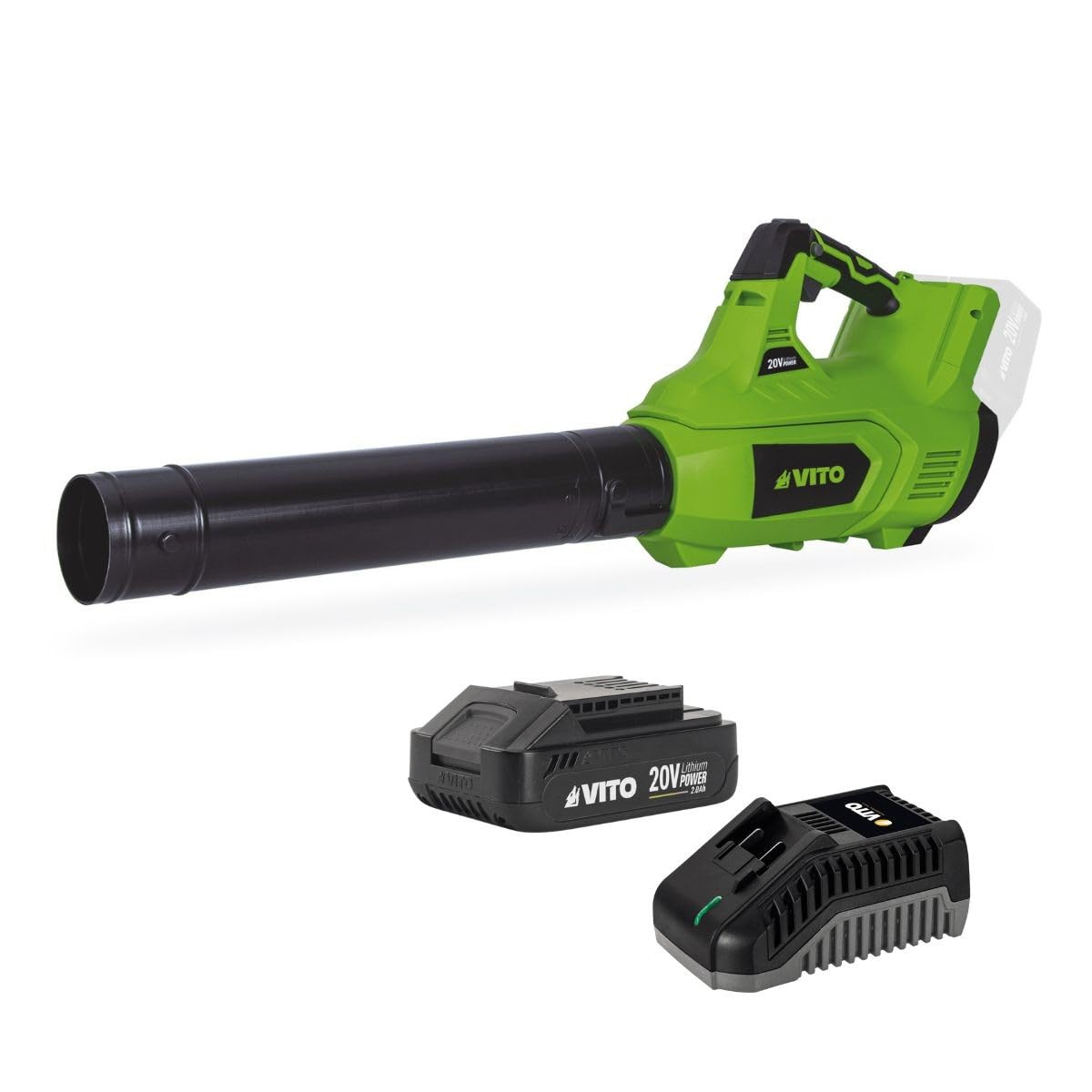 Vito – Soplador de hojas inalámbrico de 20 V + batería de 2 Ah + cargador rápido de 2 velocidades, limpieza de terraza y pasillo