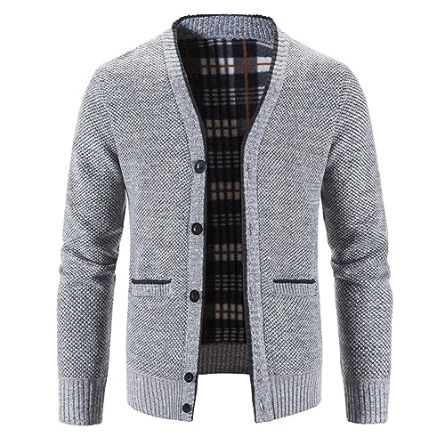 Mens V Neck/Shawl Collar Long Sleeve Button Up Knit Cardigan Sweater Slim Fit with Pockets Chunky Warm Open Front