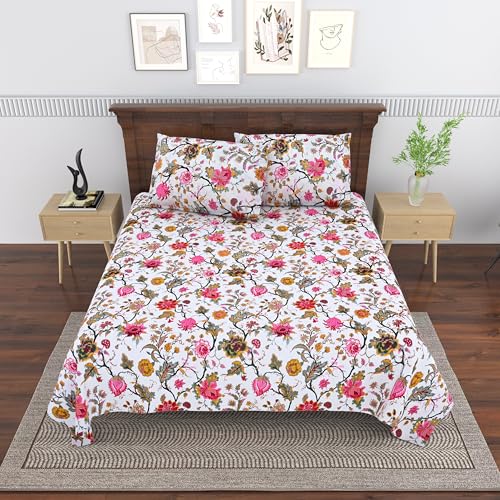 Image of Mafatlal Saanjh 144 TC Cotton Double Bedsheet 90x100 Inch | Pink Printed Designer Bedsheet | Soft Airy Weave | 2 Pillow Covers Included | Fuchsia Pink