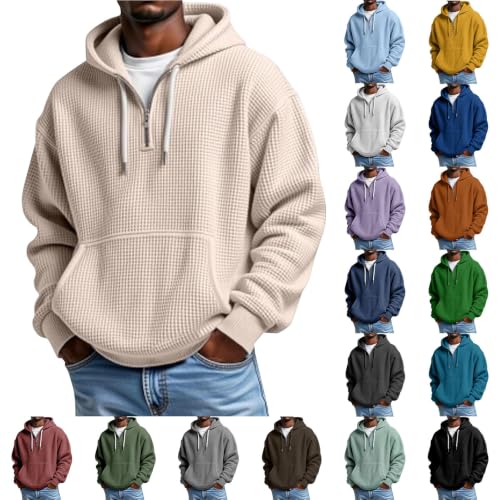 Waffle Knit Long Sleeve Sweatshirt Quater Zip Hooded Drawstring Pullovers - image 1