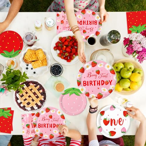 Berry First Birthday Decor Strawberry 1st Birthday Decorations for Plates, Napkins, Cups, Cutlery, Cupcake Toppers, Banner, Tablecloth, Balloons for Girls Strawberry Party Decorations, Serve 20 by LINHAXM - Used condition - Image 5