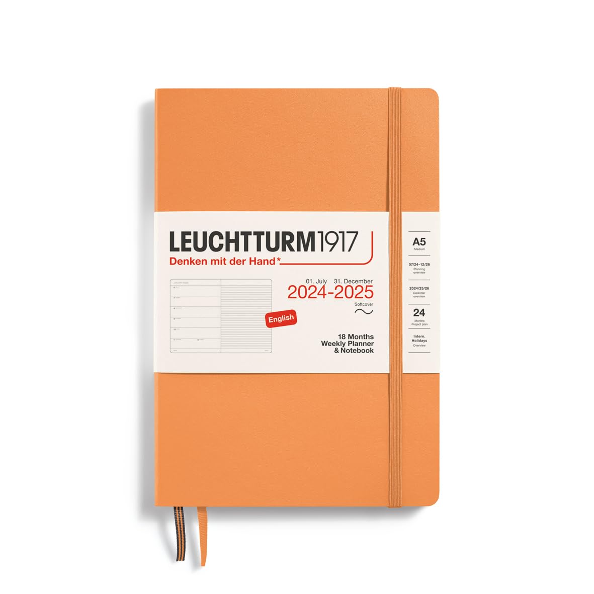 LEUCHTTURM1917 370811 Wochenkalender & Notizbuch Softcover Medium (A5) 2025, 18 Monate, Apricot, Englisch
