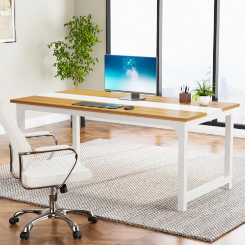 Image of Tribesigns Modern Computer Desk, 63 x 31.5 inch Large Office Desk Computer Table Study Writing Desk Workstation for Home Office, Light Walnut /White