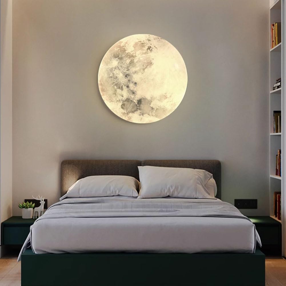 LED Mond Wandleuchte Innen Dimmbar mit Fernbedienung 48W Nachttischlampe Runde Deko Wandlampe Mond Modern Design Nacht Licht Hintergrund Wandbeleuchtung für Schlafzimmer, Wohnzimmer,A,48CM