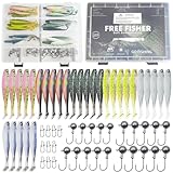 L PATTERN 62pcs Soft Swimbaits Kit for Bass Fishing with Paddle Tail Swim Baits，Lead Jig Head Hooks,Snaps,Fishing Tackle Box and Other Fishing Accessories for Trout Crappie Walleye