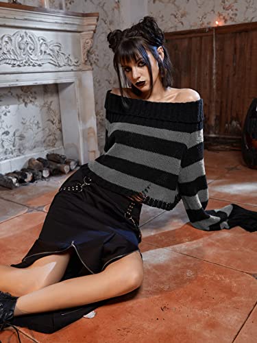 Women's Sweater Striped Drop Shoulder Ripped Sweater Sweater for Women (Color : Gray, Size : Large)4