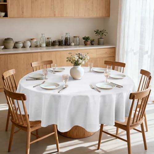 XWZO White Round Tablecloth 108 Inch Polyester Table Cloth, Large Round Table Cover Waterproof Wipe Clean Spillproof for Kitchen Dining Wedding Outdoor Picnic Buffet Party