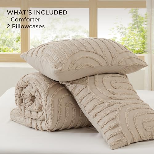Image of Bedsure Boho Tufted Khaki Comforter King Size, GentleSoft 3 Pieces Boho Farmhouse-Style Decor Bedding, Arch Bedding for All Seasons, 1 Bed Comforter, 2 Pillow Shams, 104x90 Inches