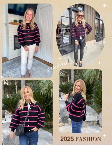 Image of QIBABU Womens Striped Cardigan Sweaters Casual Open Front Long Sleeve Button Down Knit Outwear